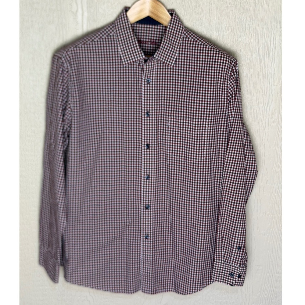 Tasso Elba Mens Large 16-16.5 Gingham Check Button Down Shirt Burgundy Navy Blue